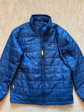 Patagonia Kids Blue Quilted Packable Puffer Jacket with Yellow Accents size 14